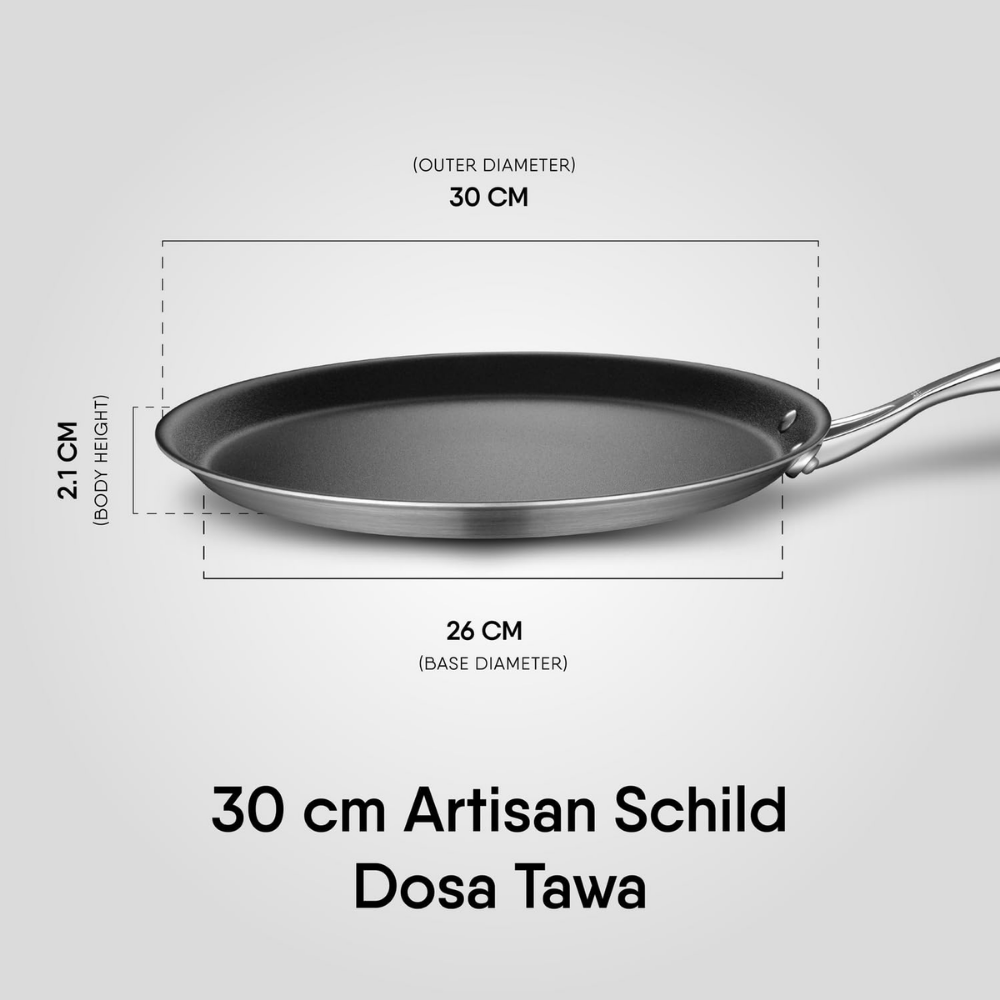 Stahl Artisan Schild 30 cm Dosa Tawa Triply Stainless Steel + PEEK-Reinforced Non-Stick Dosa Tava | Induction & Gas Stove Compatible | Manufacturer Warranty