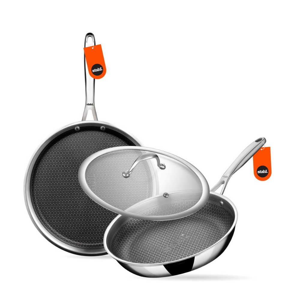 Stahl Artisan Hybrid 3 Piece Triply Stainless Steel Cookware Set | Dosa Tawa 28cm + Fry Pan 24cm with Glass Lid | Induction & Gas Compatible | Non-Stick Honeycomb Hybrid Cookware Combo