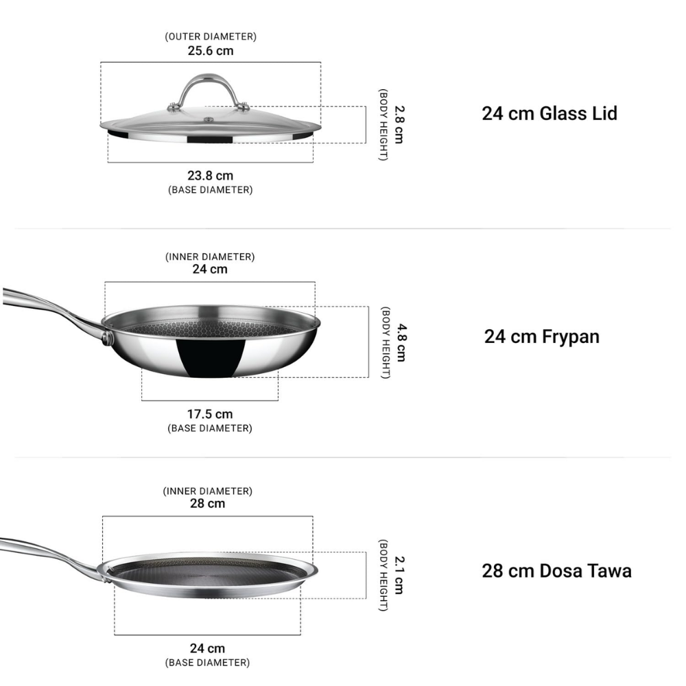 Stahl Artisan Hybrid 3 Piece Triply Stainless Steel Cookware Set | Dosa Tawa 28cm + Fry Pan 24cm with Glass Lid | Induction & Gas Compatible | Non-Stick Honeycomb Hybrid Cookware Combo
