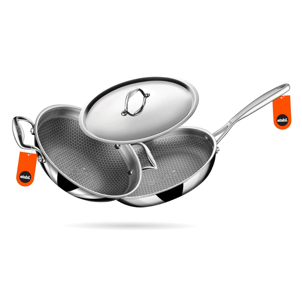 Stahl Artisan Hybrid 3 Piece Triply Stainless Steel Cookware Set | Kadhai 24cm + Fry Pan 24cm + Stainless Steel Lid | Induction & Gas Compatible | Non-Stick Honeycomb Hybrid Cookware Combo