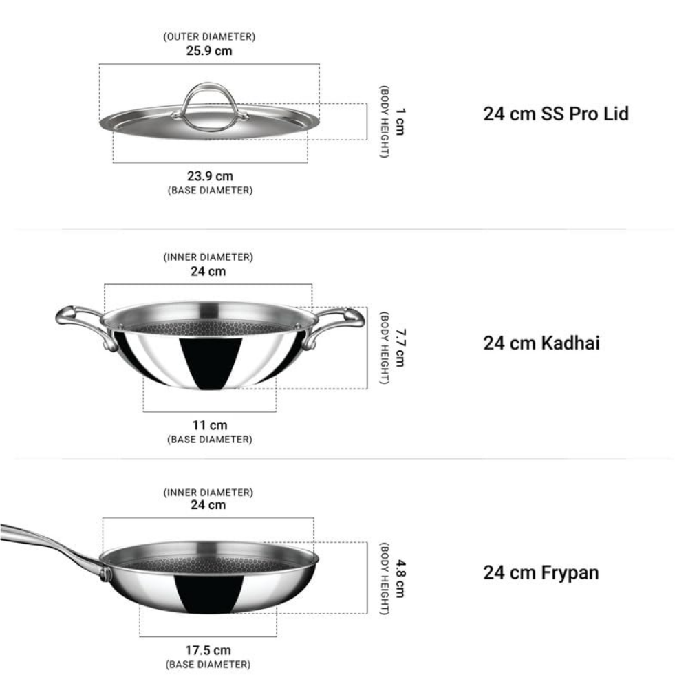 Stahl Artisan Hybrid 3 Piece Triply Stainless Steel Cookware Set | Kadhai 24cm + Fry Pan 24cm + Stainless Steel Lid | Induction & Gas Compatible | Non-Stick Honeycomb Hybrid Cookware Combo
