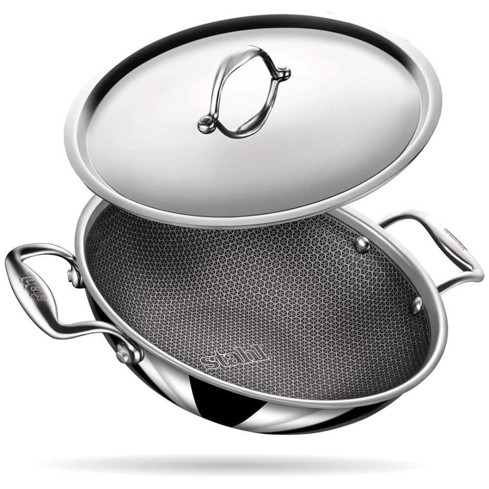 Stahl Artisan Hybrid Triply Non Stick Kadai with Lid, Stainless Steel Kadai for Cooking, Triply Kadhai Metal Spatula Friendly, Induction & Gas Stove Compatible