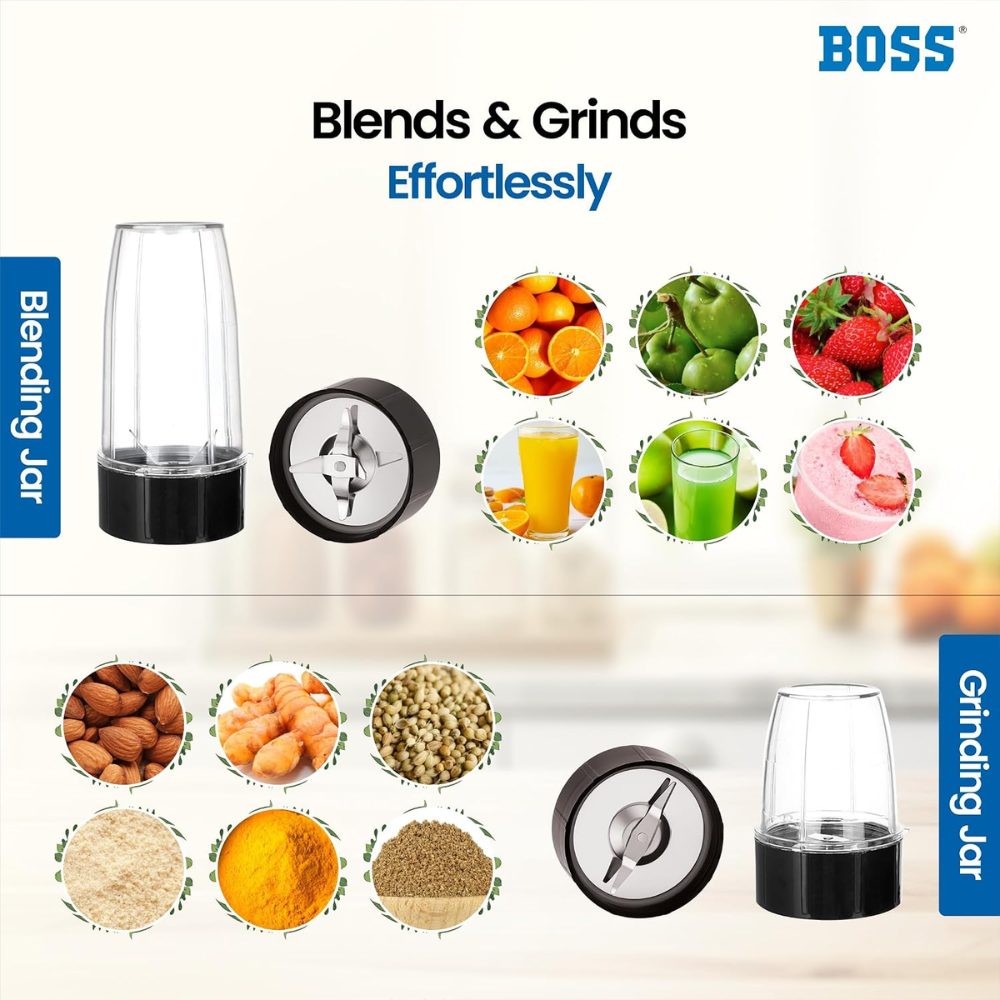 BOSS Nutri Glory 800 Watts Juicer/Mixer/Grinder/Smoothie Maker, 2 Unbreakable Jars, 2 Blade Set - Wet & Dry, Black And Grey, 2 Year Warranty
