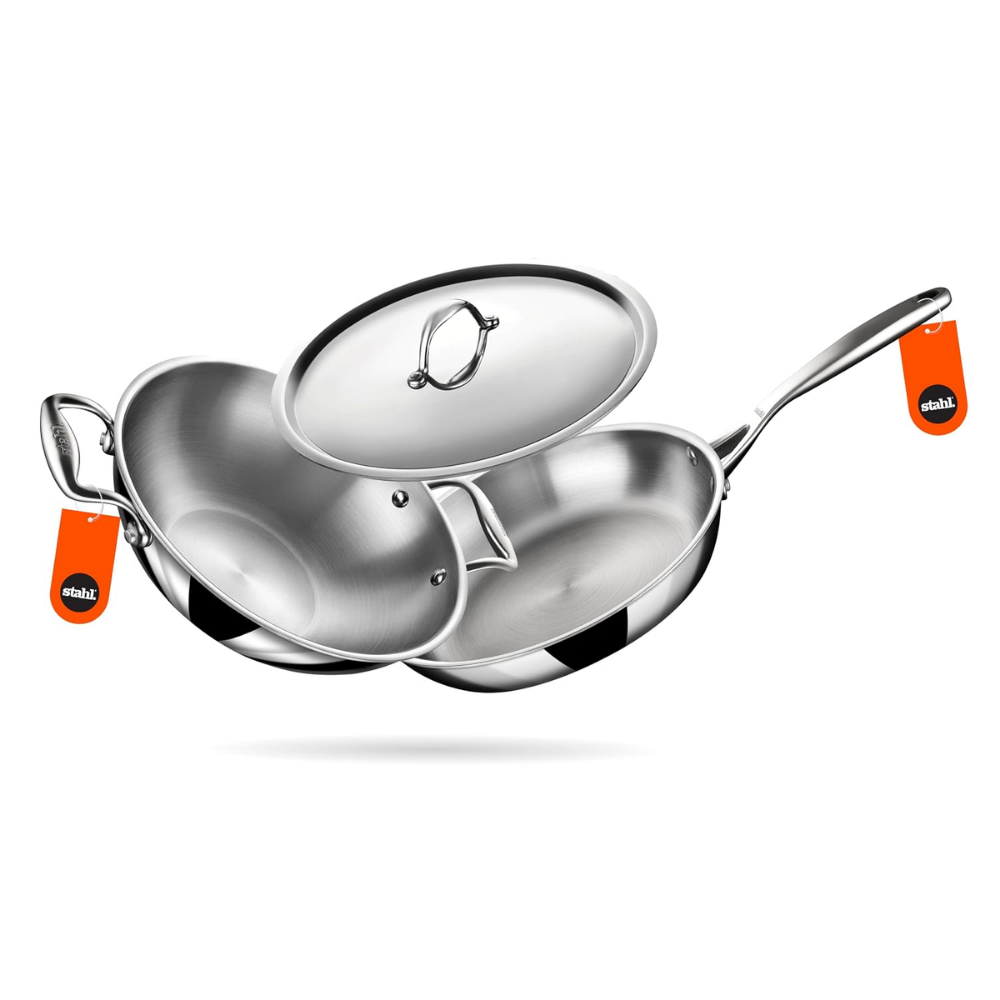 Stahl Artisan 3 Piece Triply Stainless Steel Cookware Set, Artisan Triply Kadhai 24cm + Artisan Triply Fry Pan 24cm with SS Pro Lid | Induction & Gas Compatible | Cookware Combo for Frying & Cooking