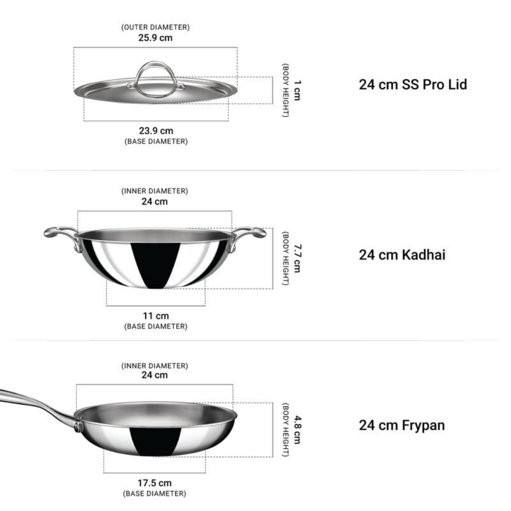 Stahl Artisan 3 Piece Triply Stainless Steel Cookware Set, Artisan Triply Kadhai 24cm + Artisan Triply Fry Pan 24cm with SS Pro Lid | Induction & Gas Compatible | Cookware Combo for Frying & Cooking