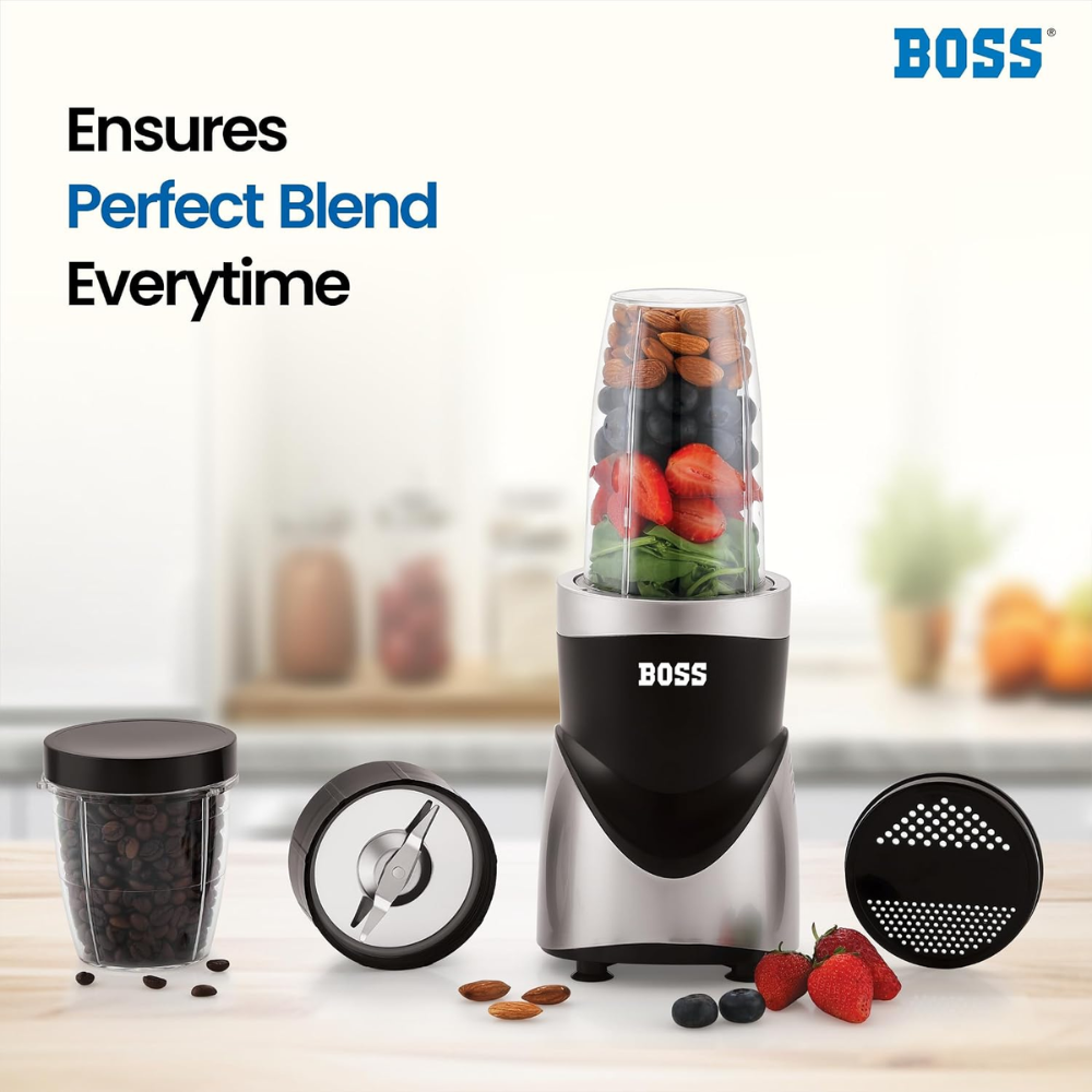 BOSS Nutri Glory 800 Watts Juicer/Mixer/Grinder/Smoothie Maker, 2 Unbreakable Jars, 2 Blade Set - Wet & Dry, Black And Grey, 2 Year Warranty