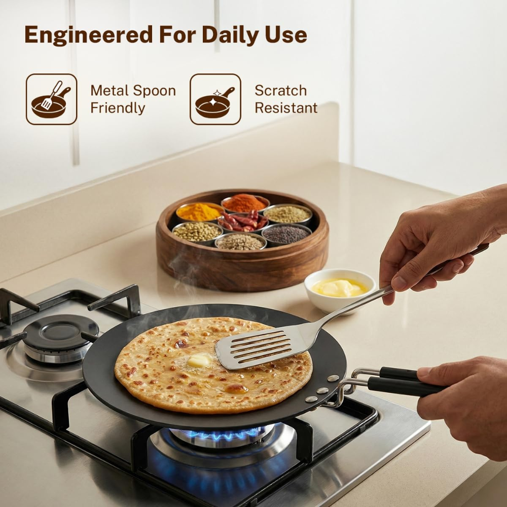Prestige Hard Anodised Roti Tawa | Thick Base (4 mm) | Gas & Induction Compatible | Metal Spoon Friendly | Stay Cool Handle | Wide Base | 2Y Warranty | ISI
