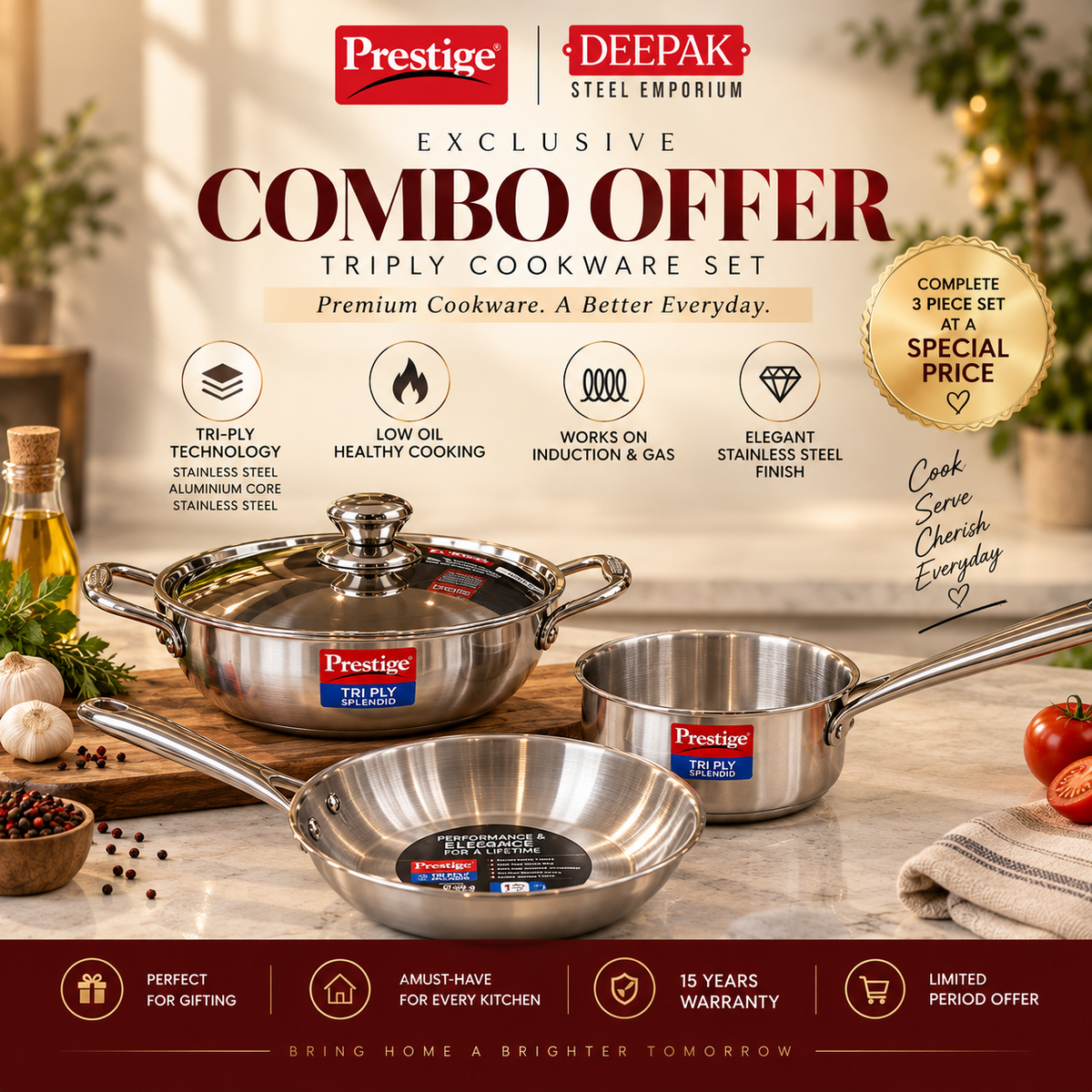 Prestige Tri Ply Splendid 3 Piece Stainless Steel Cookware Set, Kadhai, Saucepan & Frying Pan, Induction & Gas Stove Compatible, 15 Years Warranty