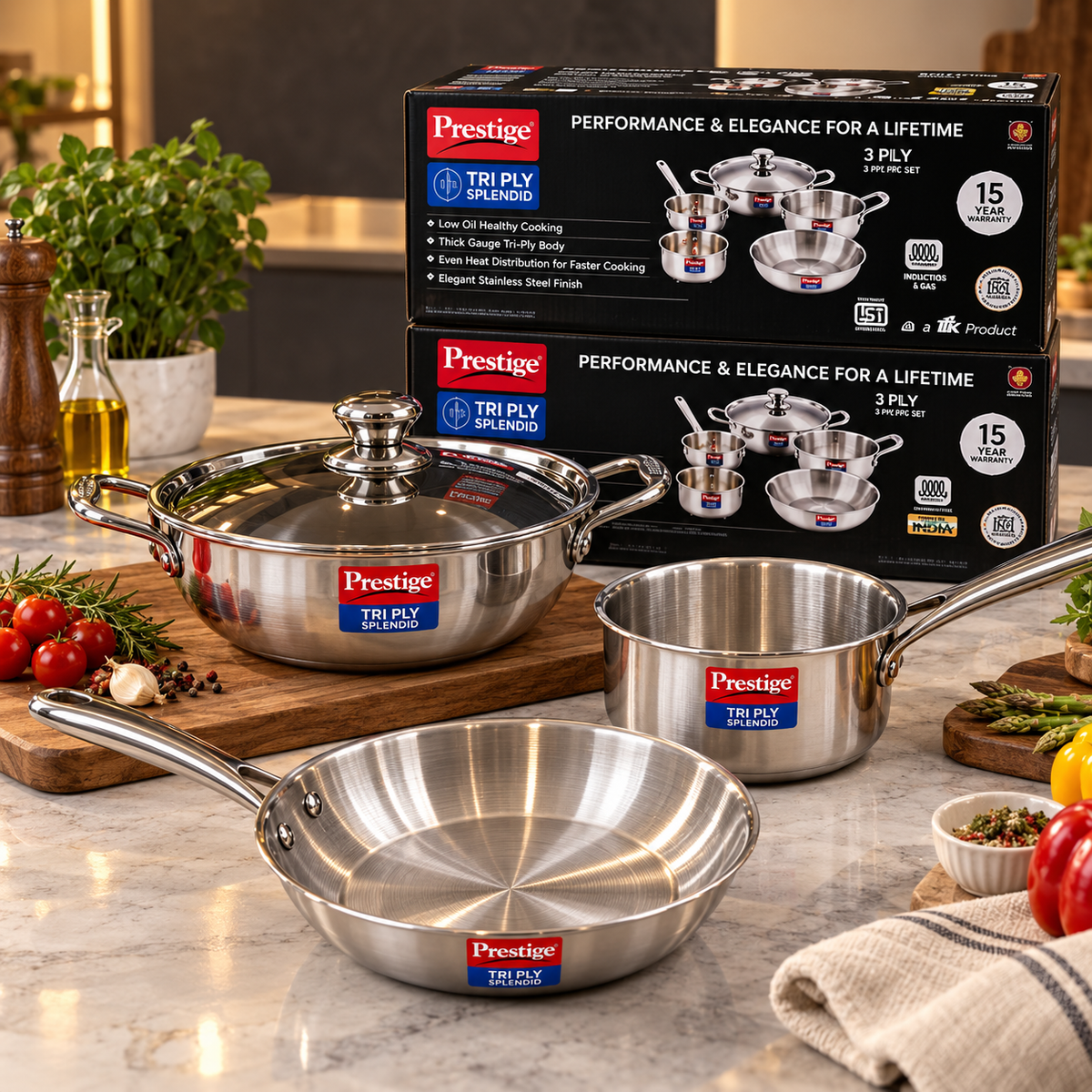 Prestige Tri Ply Splendid 3 Piece Stainless Steel Cookware Set, Kadhai, Saucepan & Frying Pan, Induction & Gas Stove Compatible, 15 Years Warranty